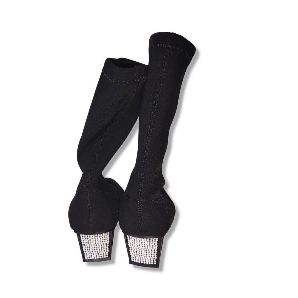 Black Pointed Toe Sock Boots Pearl Embellished Kitten Heel Stretch Booties 8 NEW